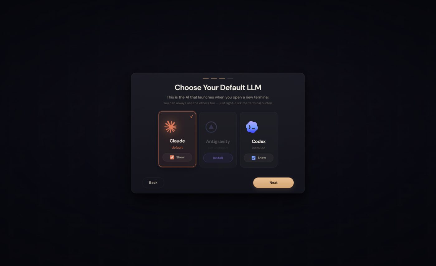 Pick your default agent — Claude, Codex, Antigravity or any custom CLI
